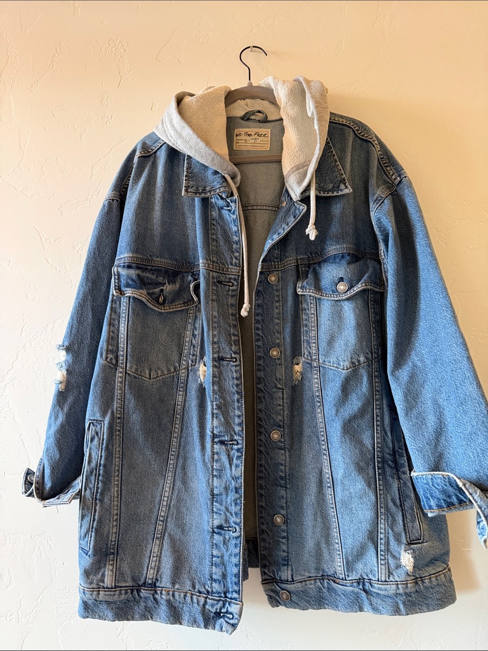 We The Free Blue Denim Jacket with Cream Hood